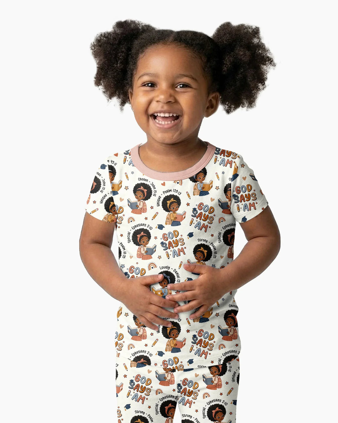 God Says I Am Cute Learning Afro Girl  Bamboo Two Piece Short Sleeve Pajama Set