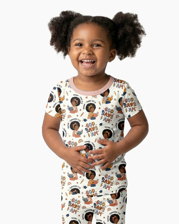 God Says I Am Cute Learning Afro Girl  Bamboo Two Piece Short Sleeve Pajama Set