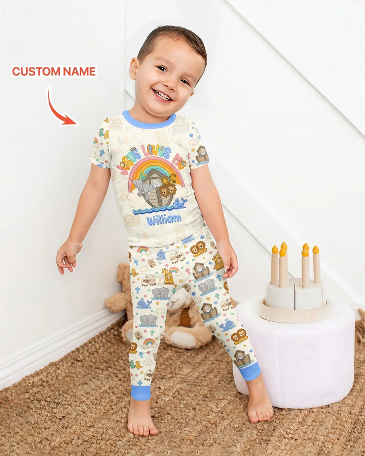 Custom Name Noah's Ark Jesus Loves Me Bamboo Two Piece Short Sleeve Pajama Set