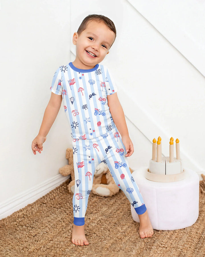 Red, White & Beachy Family Matching Bamboo Two Piece Short Sleeve Pajama Set