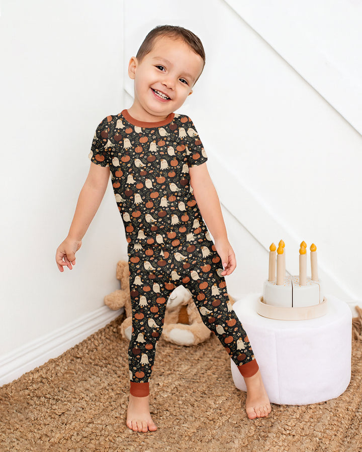 Ghost Pumpkin Harvest Floral Halloween Bamboo Two Piece Short Sleeve Pajama Set