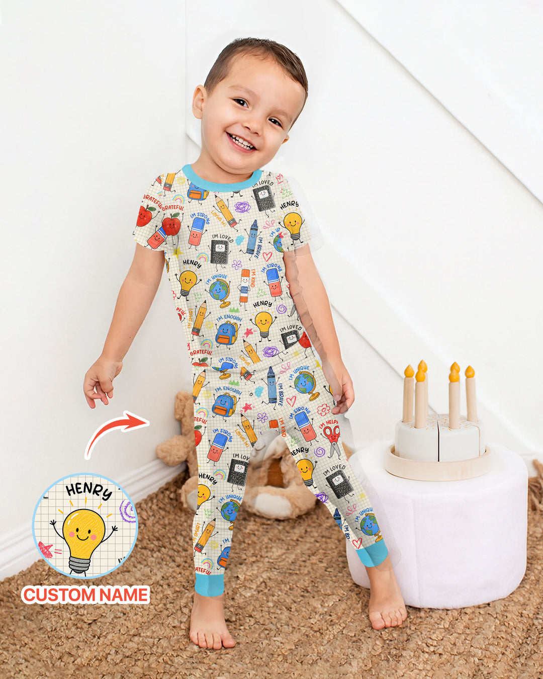 School Squad Custom Name Bamboo Two Piece Short Sleeve Pajama Set