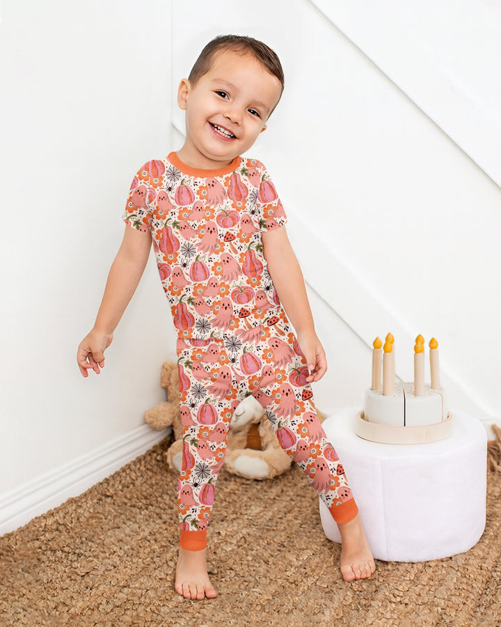 Pink Ghost Pumpkin Fall Floral Halloween Bamboo Two Piece Short Sleeve Pajama Set