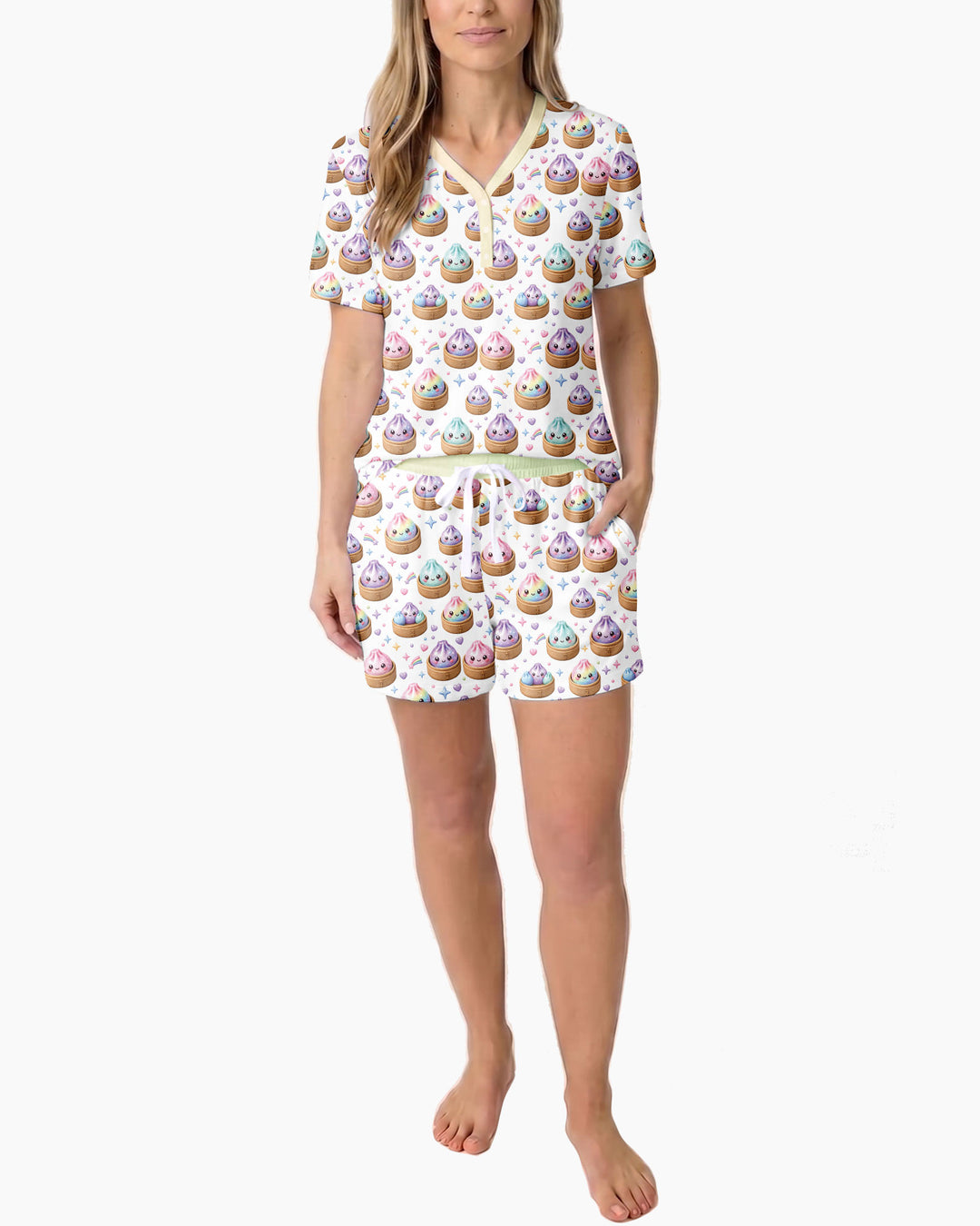 Cute Glitter Dumpling Bamboo Women Short Sleeve Short Pajama Set