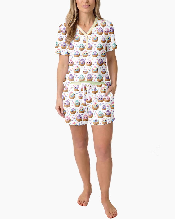 Cute Glitter Dumpling Bamboo Women Short Sleeve Short Pajama Set