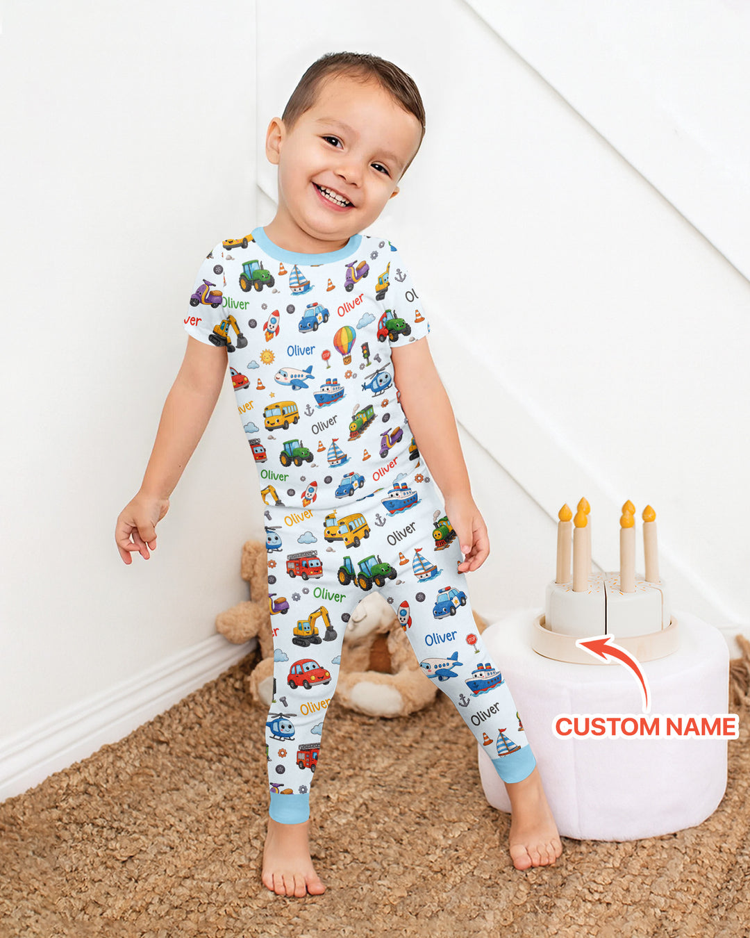 Custom Name Cute Transport Bamboo Two Piece Short Sleeve Pajama Set