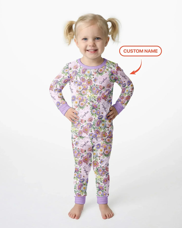 Custom Name Birth Month Flowers Bamboo Two Piece Long Sleeve Pajama Set