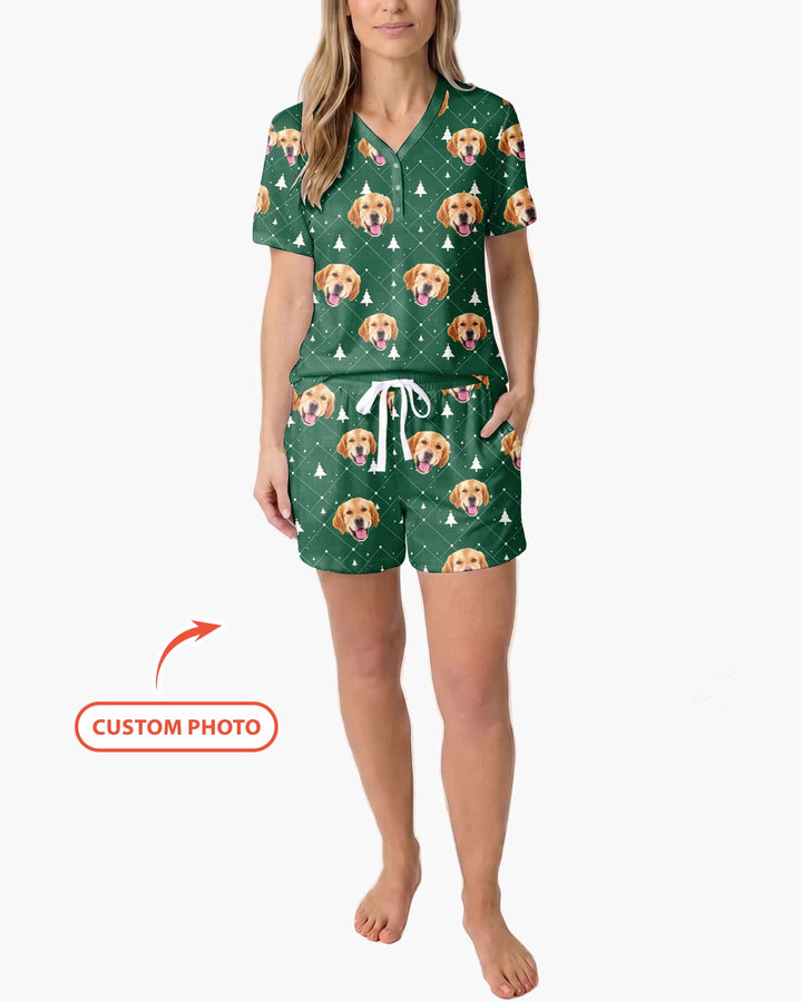 Custom Photo With Christmas Pattern Pajamas Bamboo Women Short Sleeve Short Pajama Set