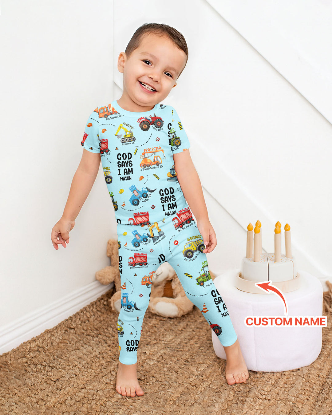 Conjunto de Pijama de Dos Piezas de Bambú para Niño con Manga Corta "God Says I Am" con Nombre Personalizado