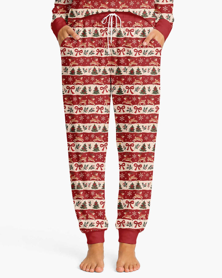 Vintage Reindeer Christmas Stripes Bamboo Women Pajama Set