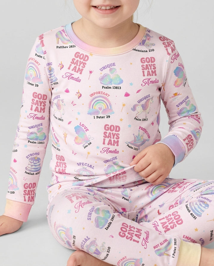 God Says I Am Custom Name - Dreamy Princess Bamboo Two Piece Long Sleeve Pajama Set