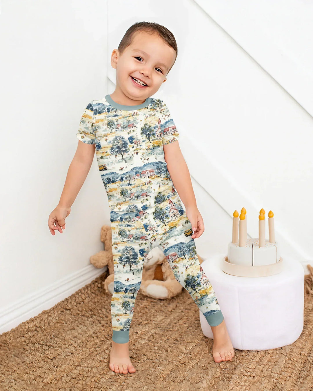 Whimsical Watercolor School Village Bamboo Two Piece Short Sleeve Pajama Set