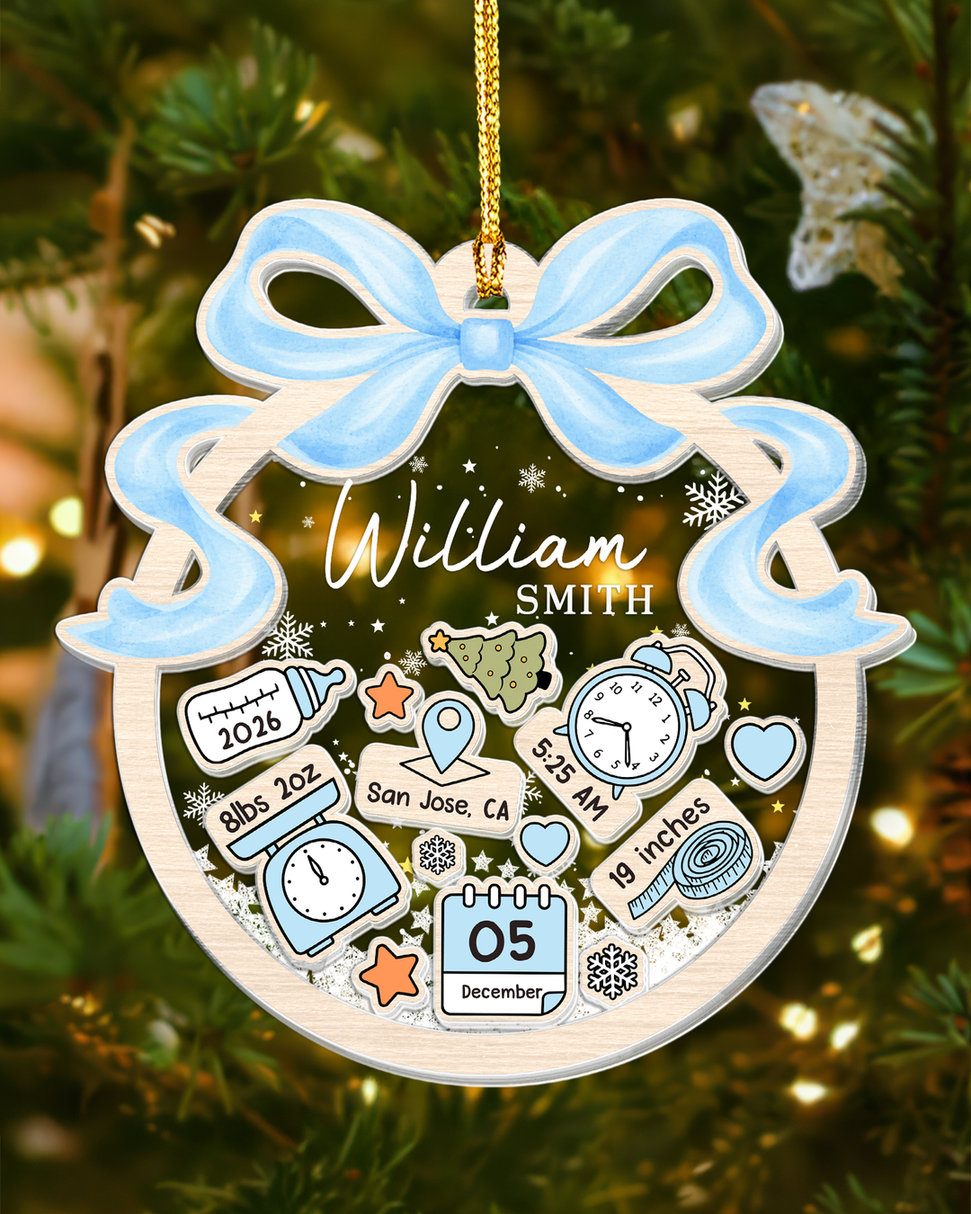 Personalized Baby's First Christmas Shaker Ornament-  Coquette Bow Newborn Keepsake