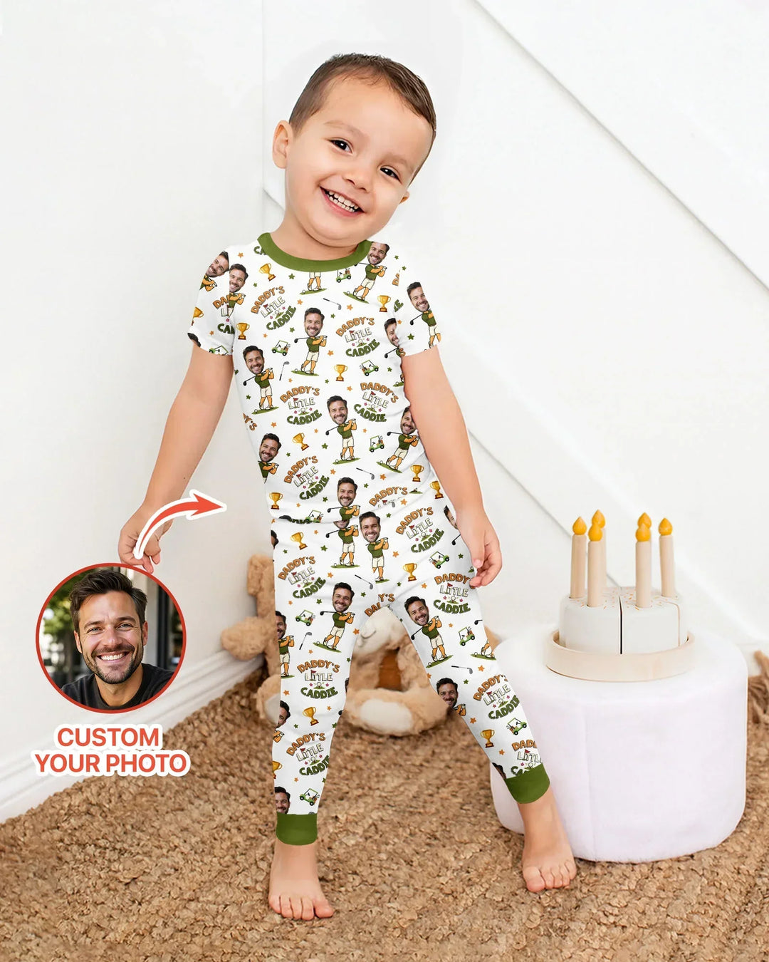 Custom Photo Daddy's Little Caddie Daddy & Me Matching Bamboo Two Piece Short Sleeve Pajama Set
