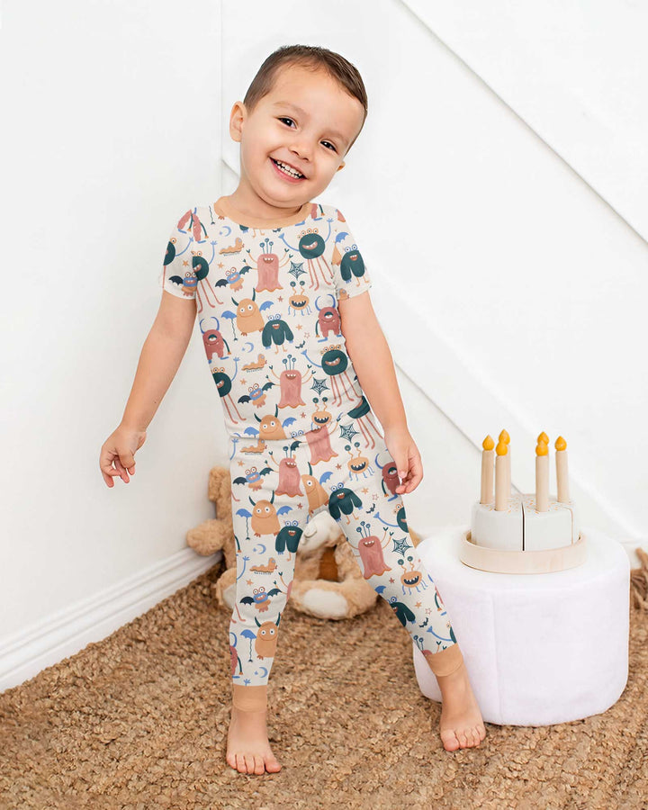 Monsters Fun Pastels Hand Painted Cute Bamboo Two Piece Short Sleeve Pajama Set