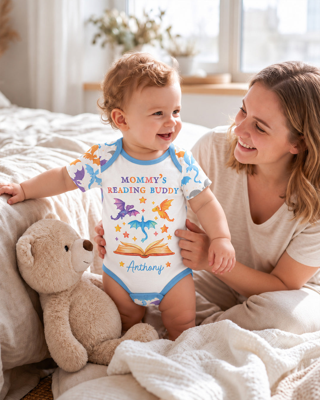 Custom Name Dragon Reading Buddy Bamboo Bodysuit