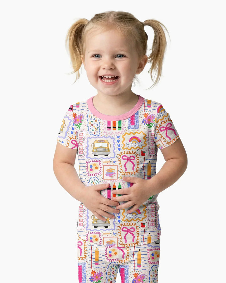 Colorful Doodle School Bamboo Two Piece Short Sleeve Pajama Set