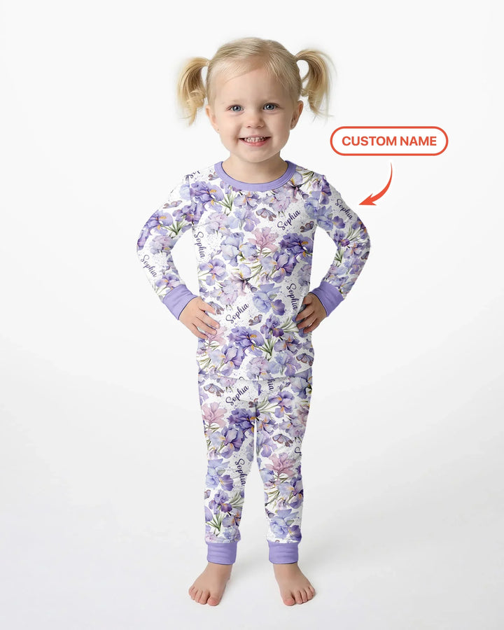 Custom Name Birth Month Flowers Bamboo Two Piece Long Sleeve Pajama Set