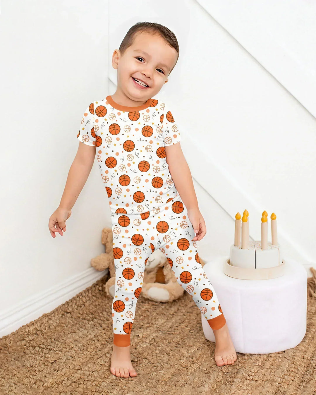 Orange Basketball Bamboo Two Piece Short Sleeve Pajama Set
