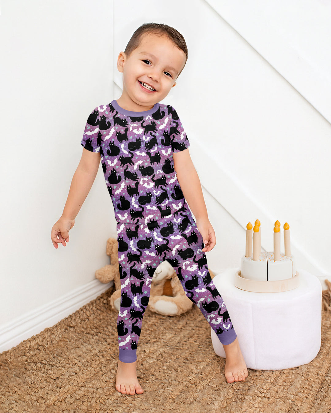 Spooky Black Cat Halloween Purple Bats Bamboo Two Piece Short Sleeve Pajama Set