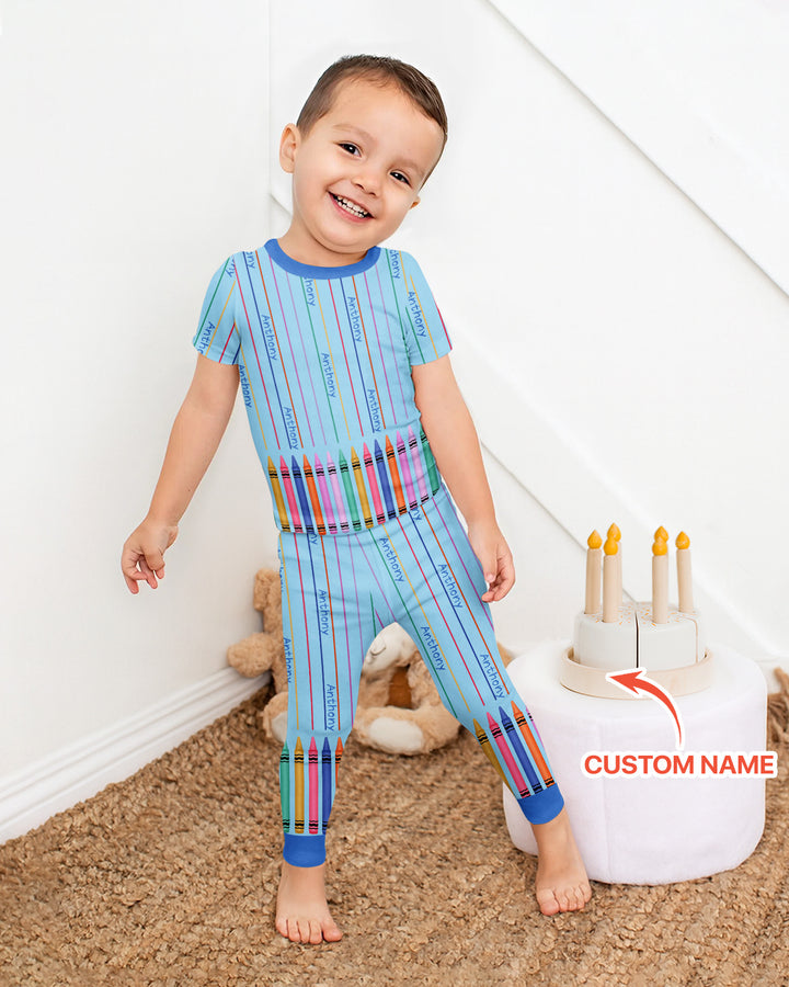 Custom Name Crayon Lines Bamboo Two Piece Short Sleeve Pajama Set