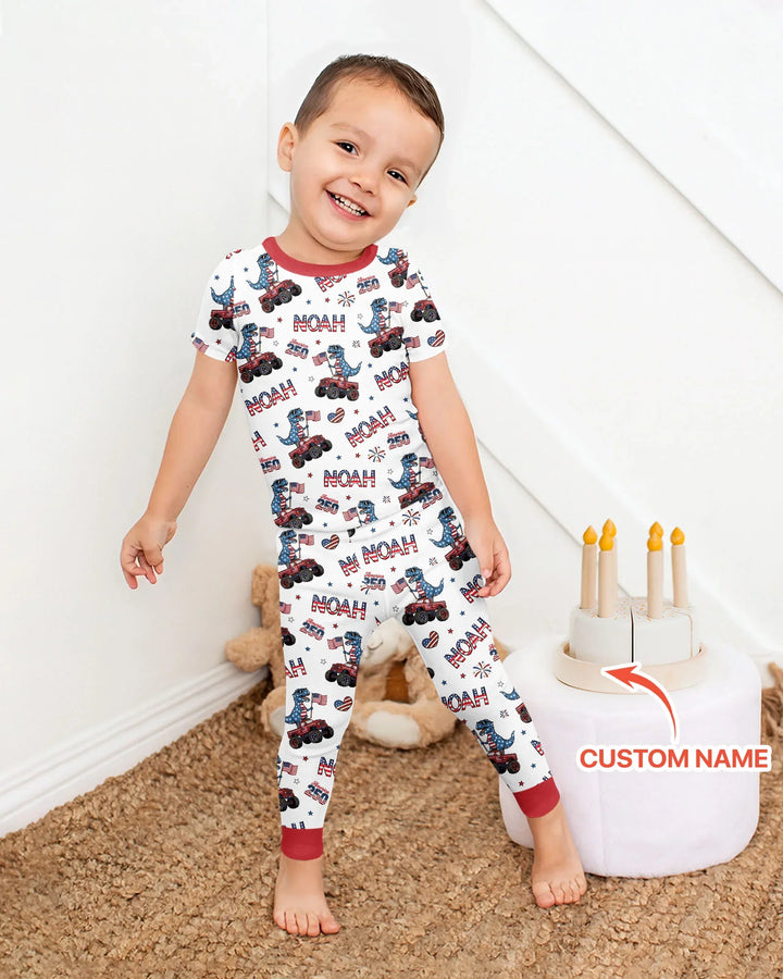 Custom Name American Flag Dinosaur Bamboo Two Piece Short Sleeve Pajama Set