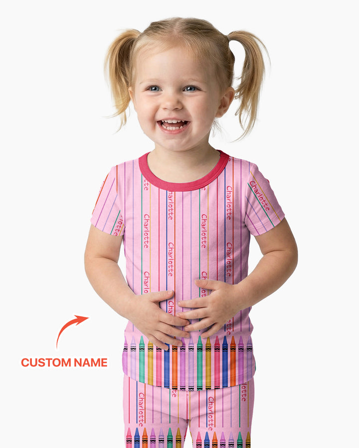 Custom Name Crayon Lines Bamboo Two Piece Short Sleeve Pajama Set