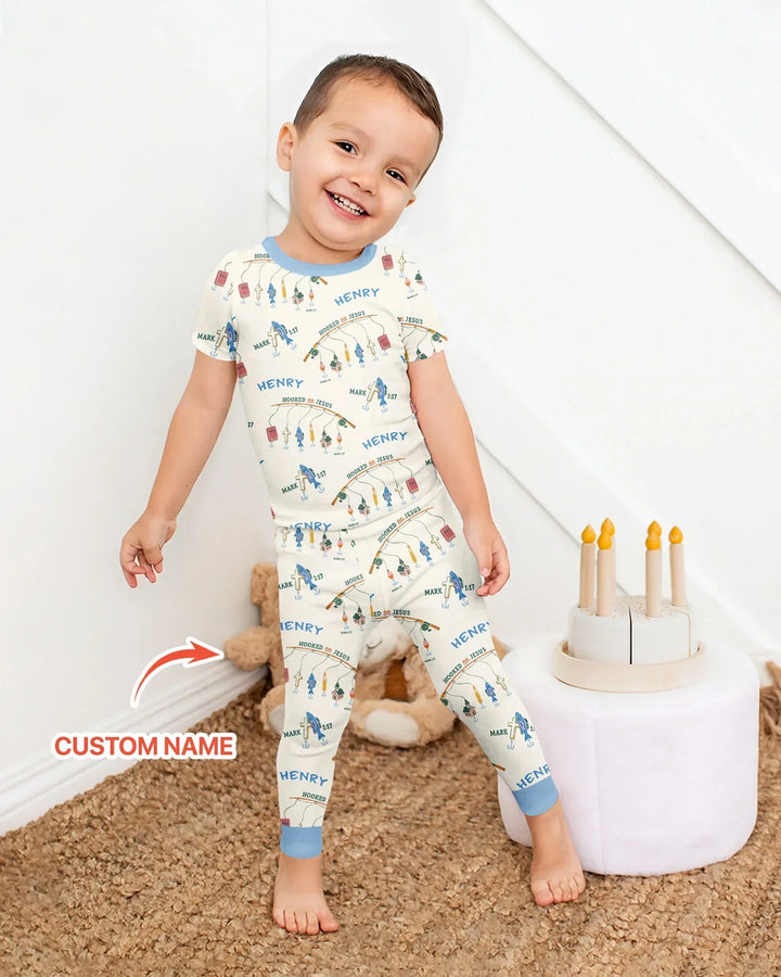 Hooked On Jesus Fishing Matching Bamboo Two Piece Short Sleeve Pajama Set