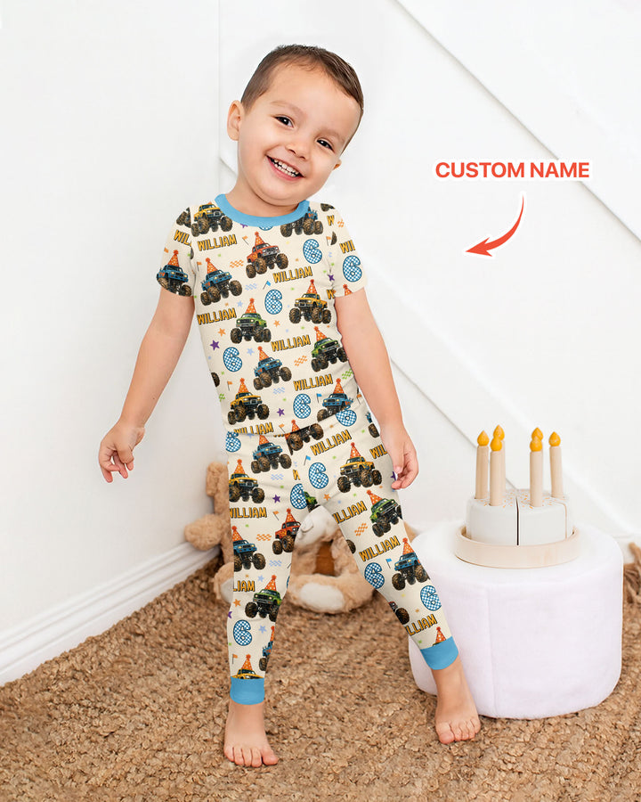 Custom Name Birthday Boy Monster Truck Bamboo Two Piece Short Sleeve Pajama Set