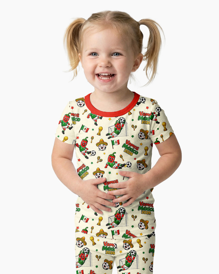 Cartoon World Soccer Vamos Mexico Family Matching Bamboo Two Piece Short Sleeve Pajama Set