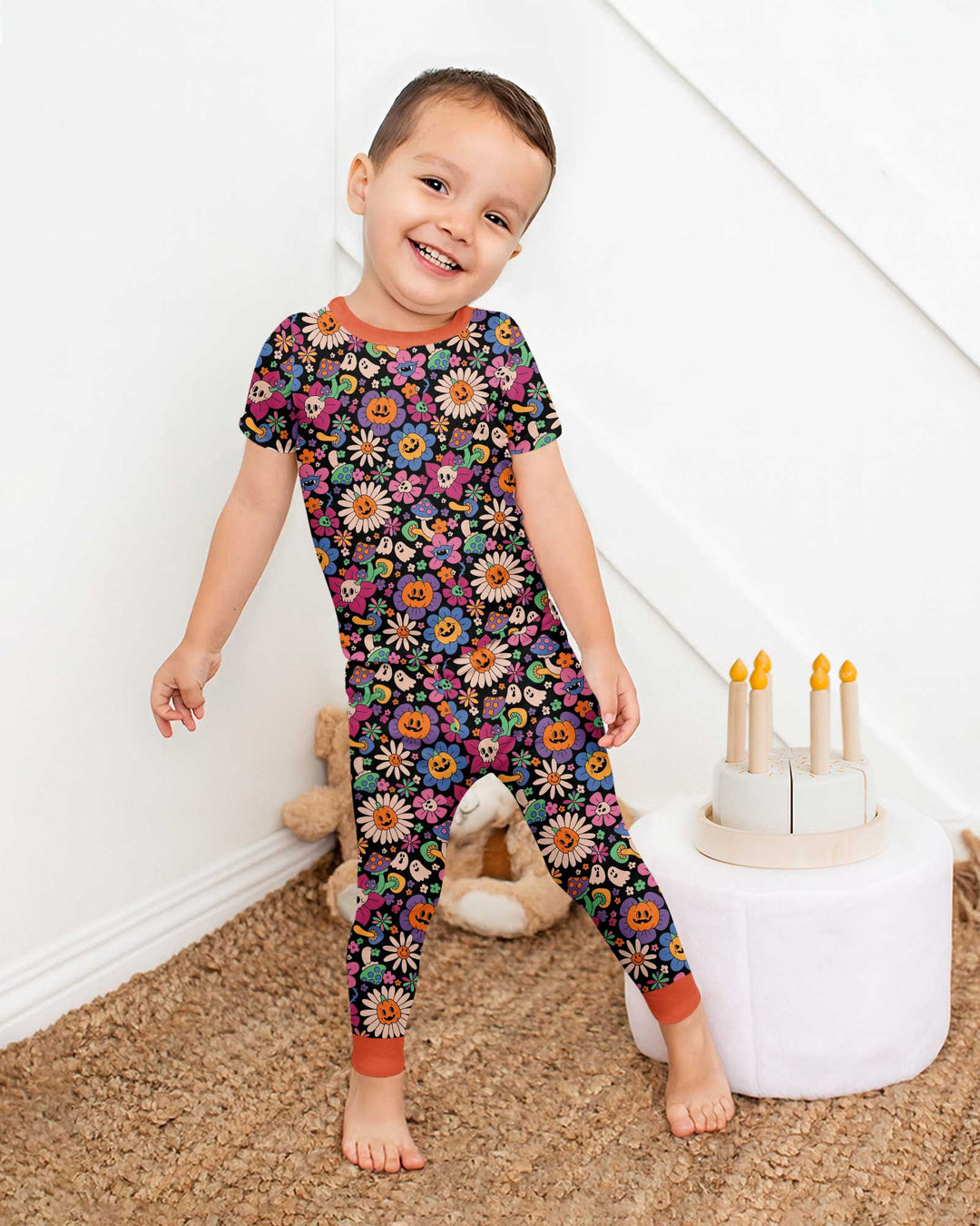 Halloween Flowers Bamboo Two Piece Short Sleeve Pajama Set