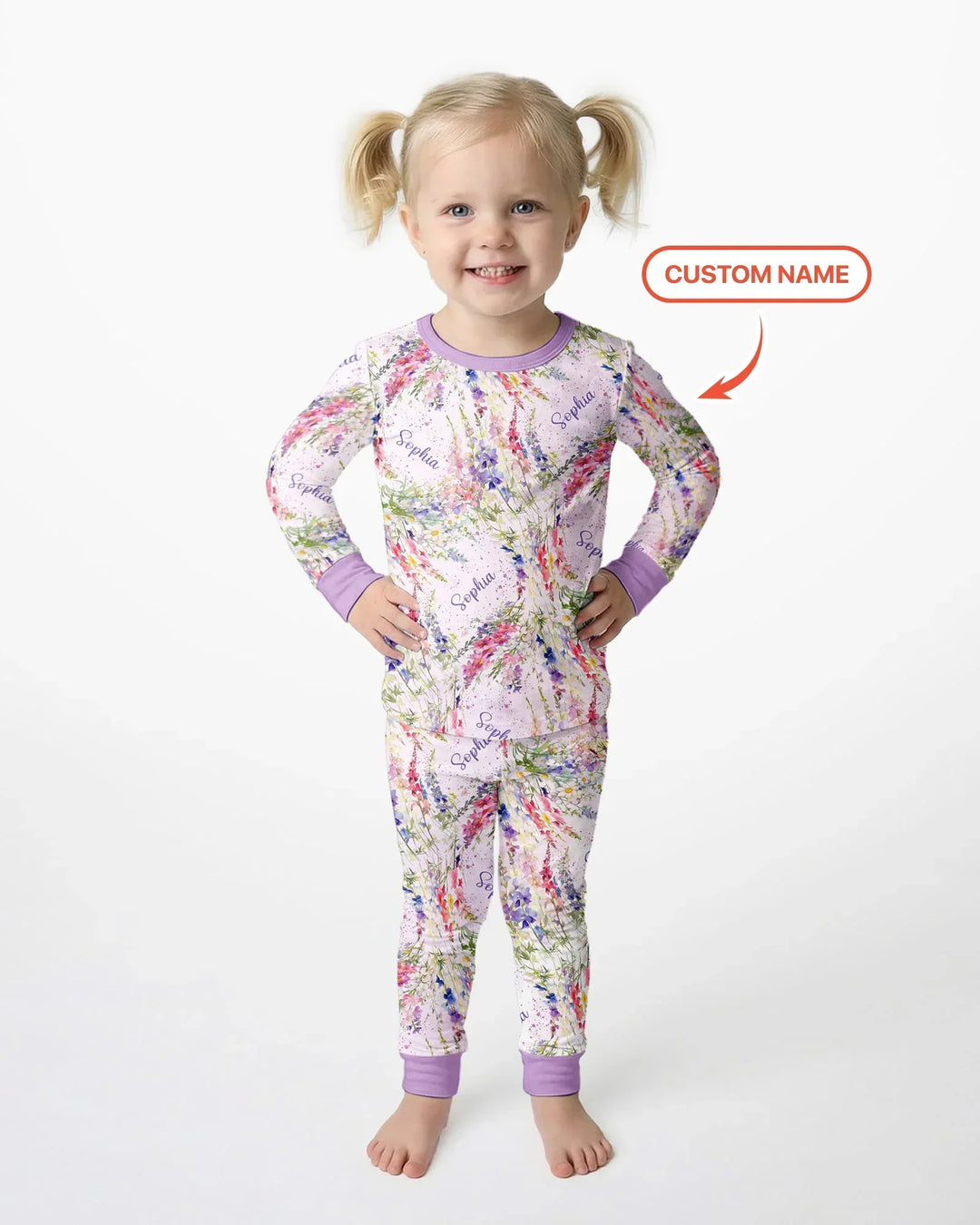Custom Name Birth Month Flowers Bamboo Two Piece Long Sleeve Pajama Set
