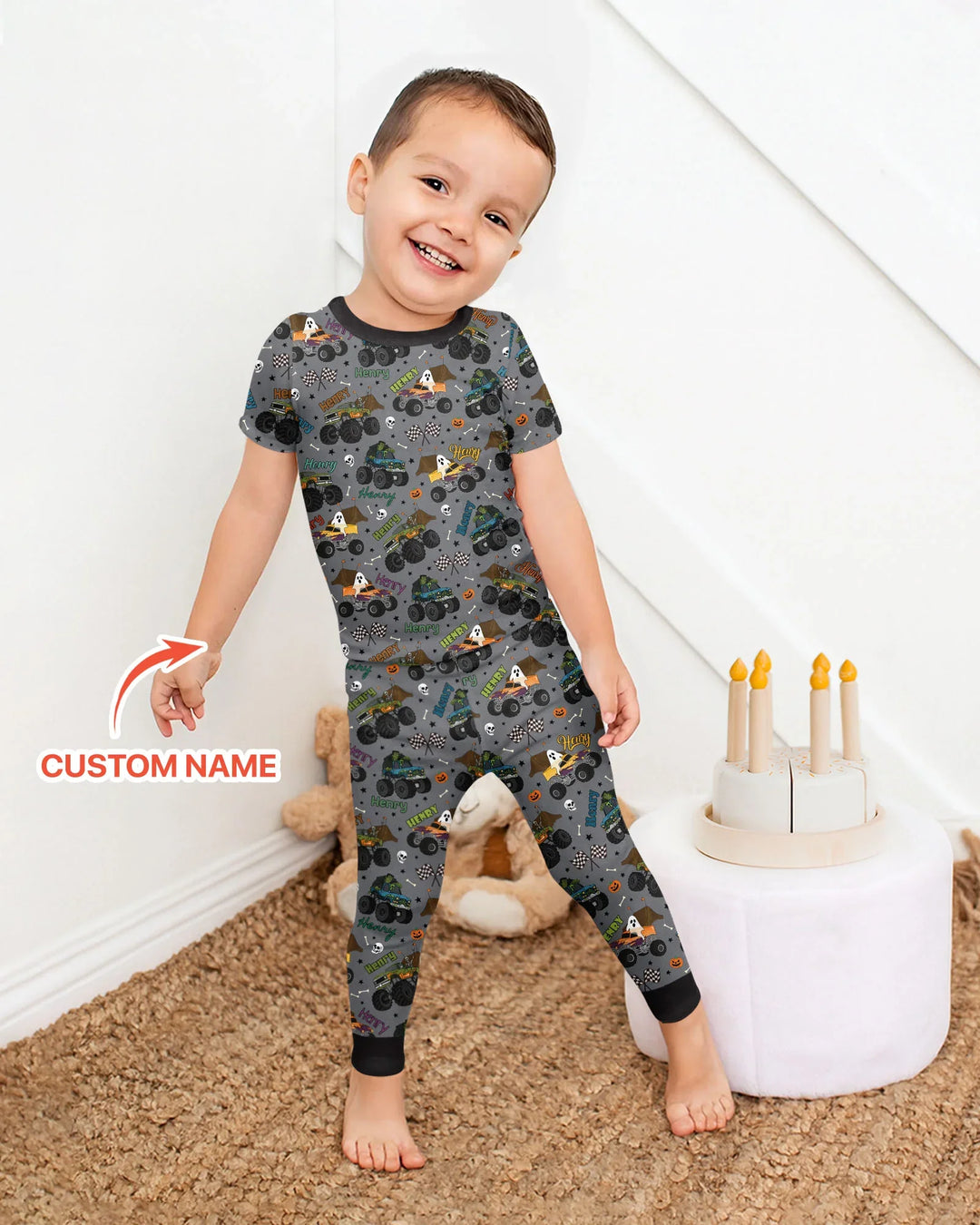 Custom Name Halloween Creepy Crusher Family Matching Bamboo Two Piece Short Sleeve Pajama Set
