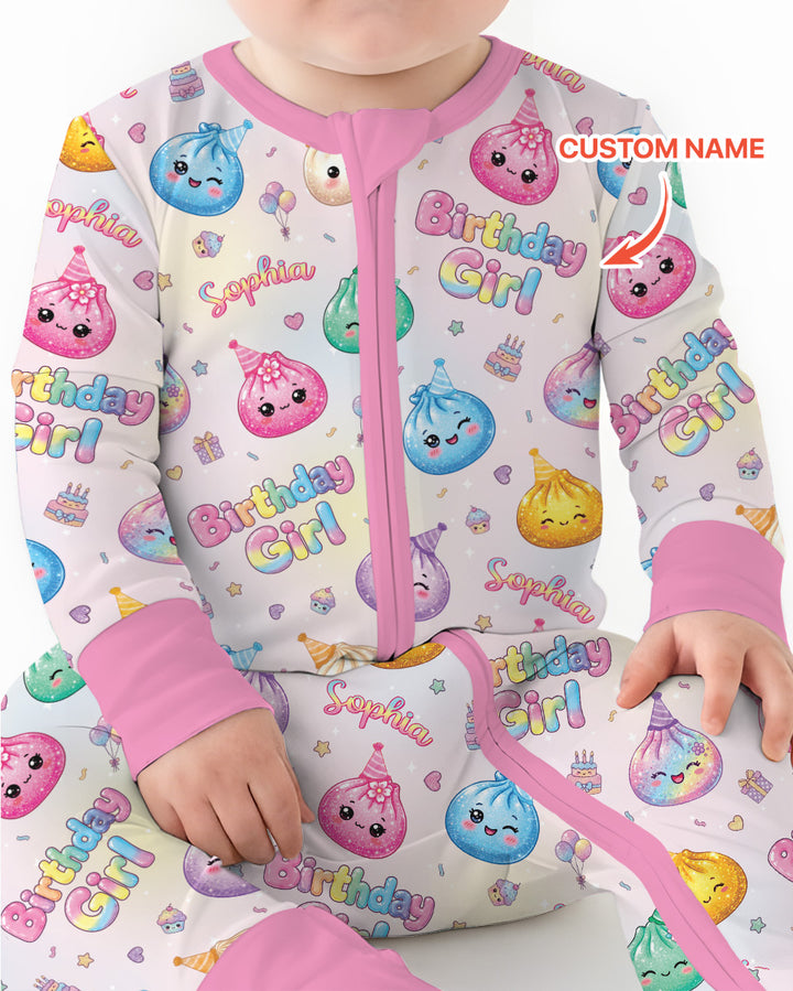 Custom Name Glitter Dumpling Birthday Girl Bamboo Convertible Zippy