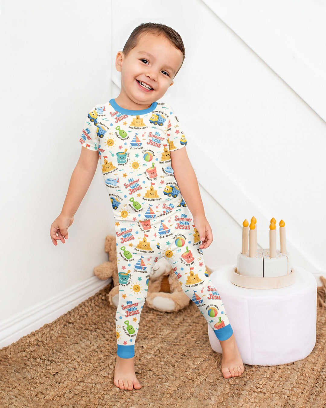 Colorful Summer Beach With Jesus Bamboo Two Piece Short Sleeve Pajama Set