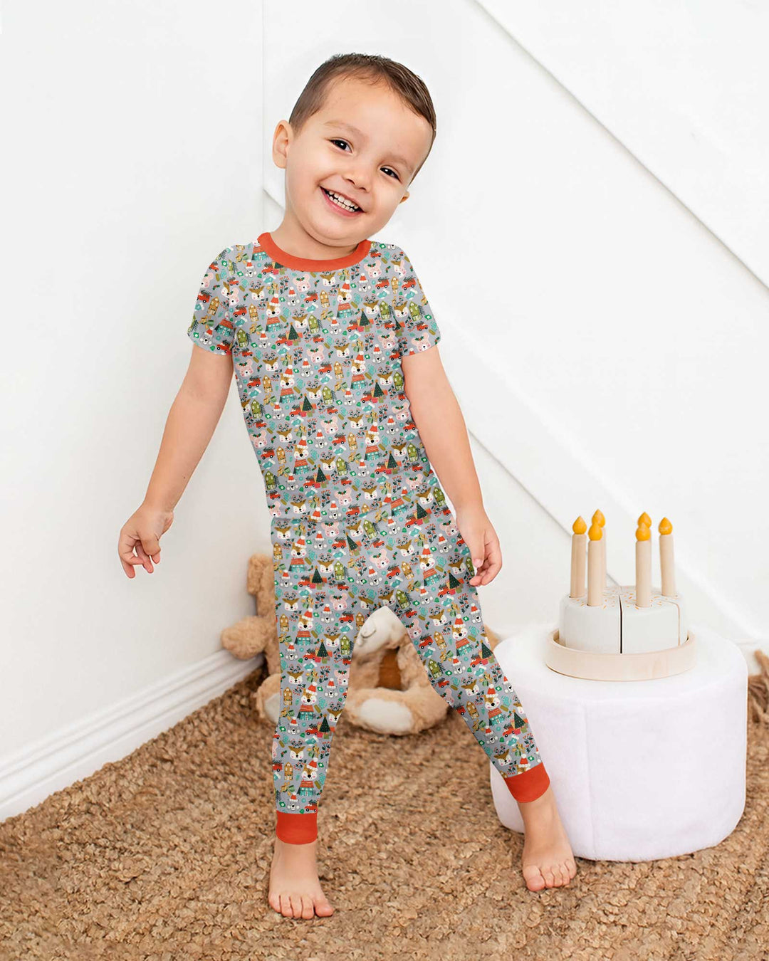 Christmas Woodland Deer Fox Bear Bamboo Two Piece Short Sleeve Pajama Set