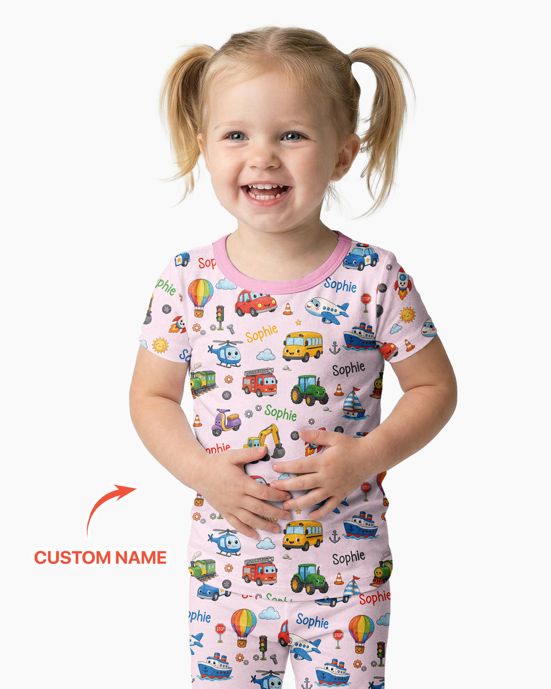 Custom Name Cute Transport Bamboo Two Piece Short Sleeve Pajama Set