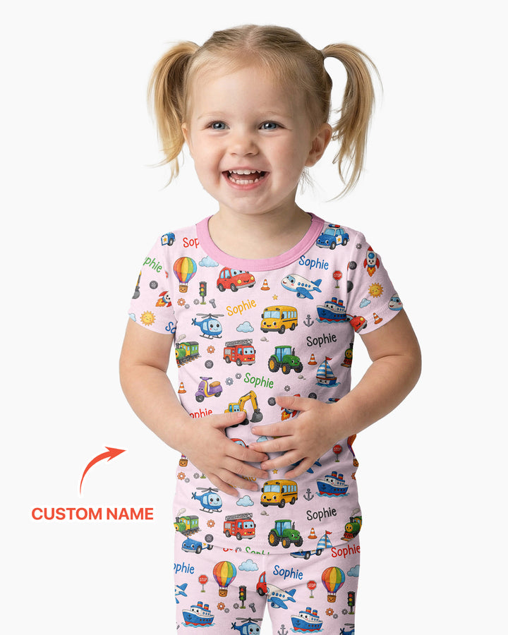 Custom Name Cute Transport Bamboo Two Piece Short Sleeve Pajama Set