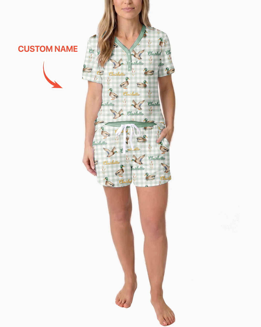 Mallard Duck Custom Name Bamboo Women Short Sleeve Short Pajama Set