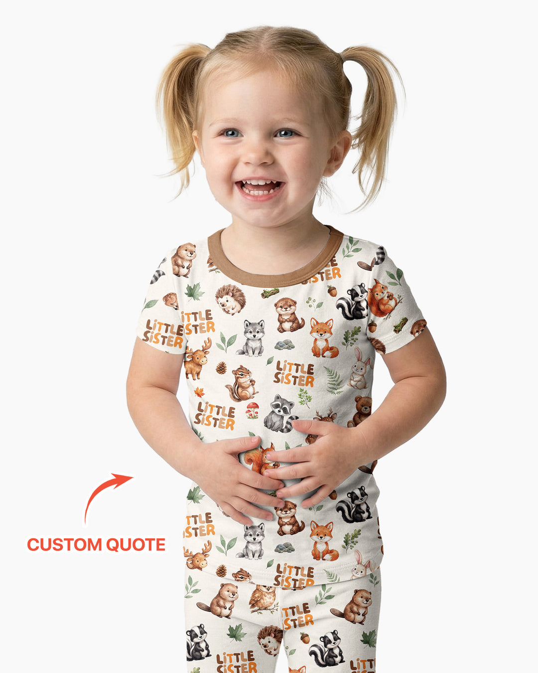 Custom Quote Woodland Animal Matching Sibling Bamboo Two Piece Short Sleeve Pajama Set