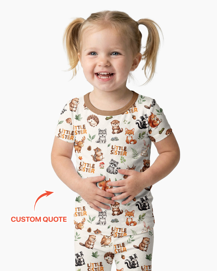Custom Quote Woodland Animal Matching Sibling Bamboo Two Piece Short Sleeve Pajama Set