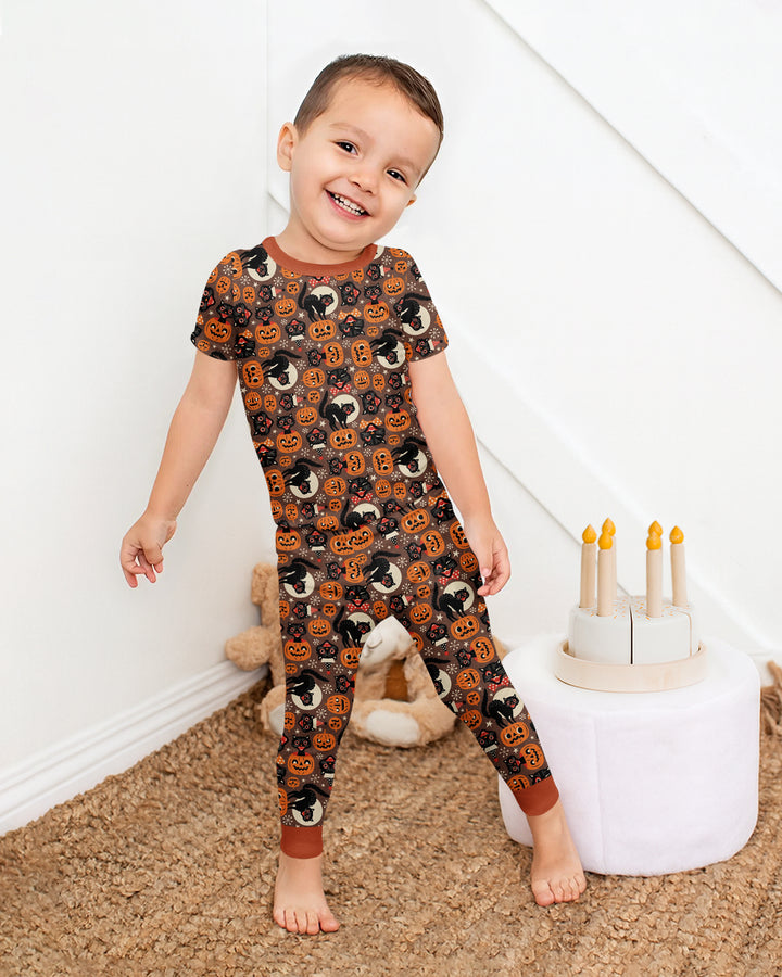Vintage Halloween Black Cat Pumpkin Bamboo Two Piece Short Sleeve Pajama Set