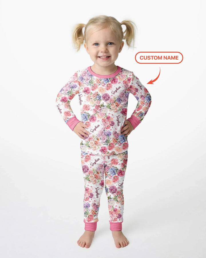 Custom Name Birth Month Flowers Bamboo Two Piece Long Sleeve Pajama Set