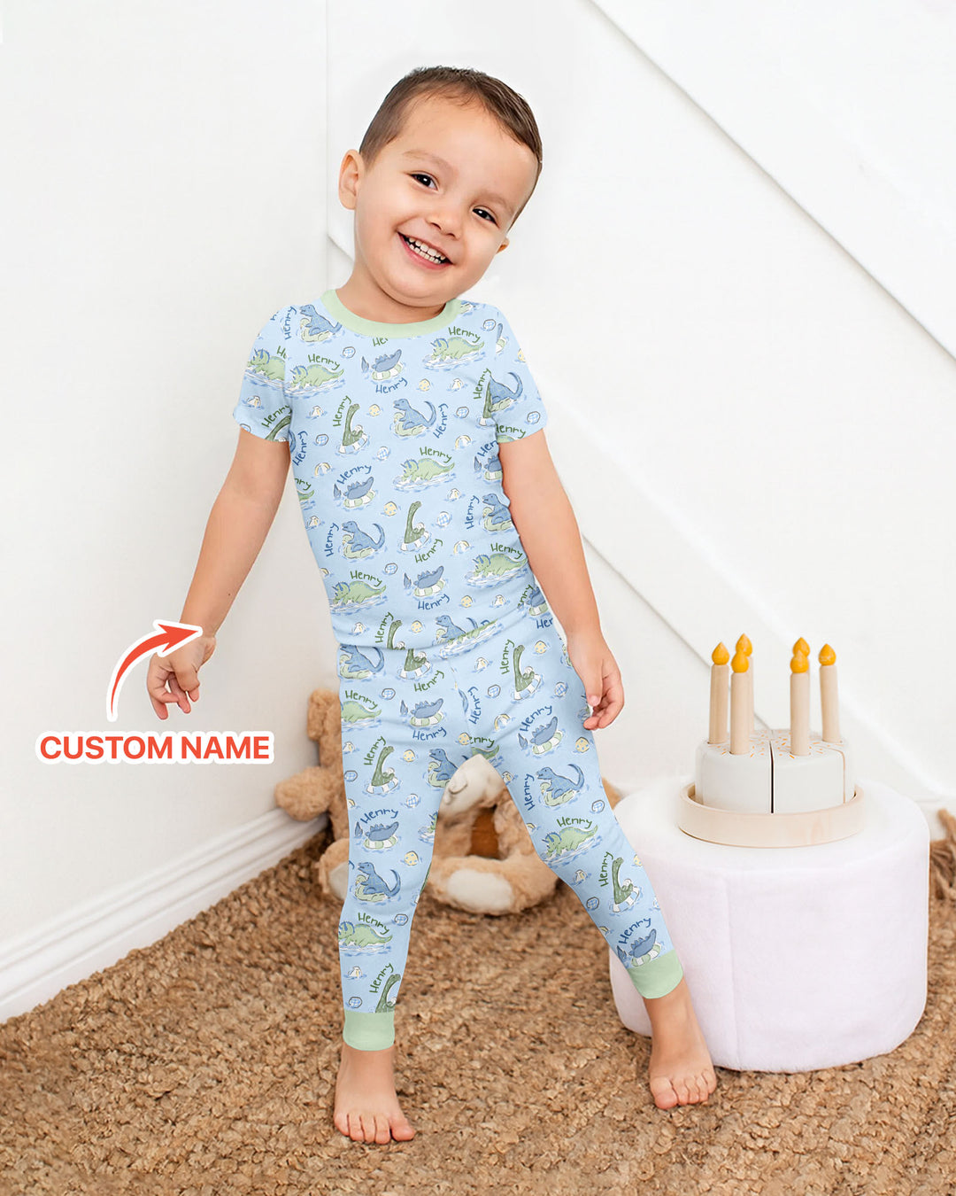 Dinos Swimming Custom Name Bamboo Two Piece Short Sleeve Pajama Set