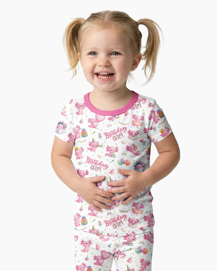 Cute Axolotl Birthday Girl Bamboo Two Piece Short Sleeve Pajama Set