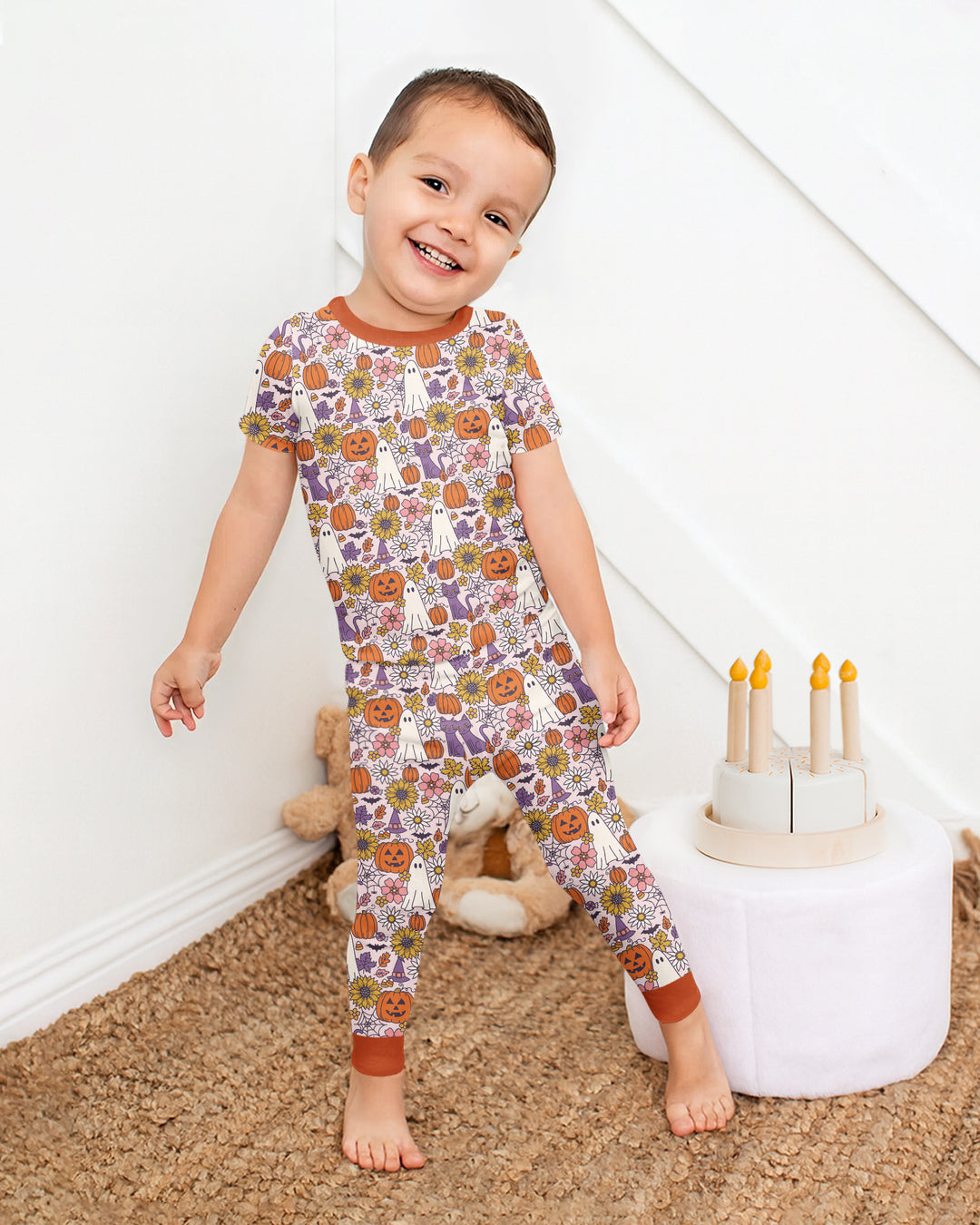 Ghost Pumpkin Fall Floral Halloween Bamboo Two Piece Short Sleeve Pajama Set