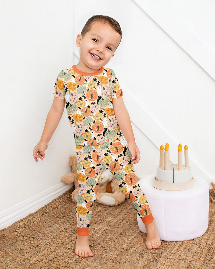 Floral Pumpkin Ghost Halloween Bamboo Two Piece Short Sleeve Pajama Set