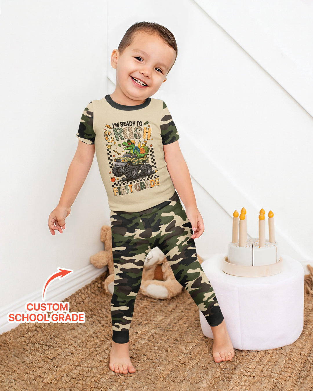 Back To School Monster Truck Dino Bamboo Two Piece Short Sleeve Pajama Set
