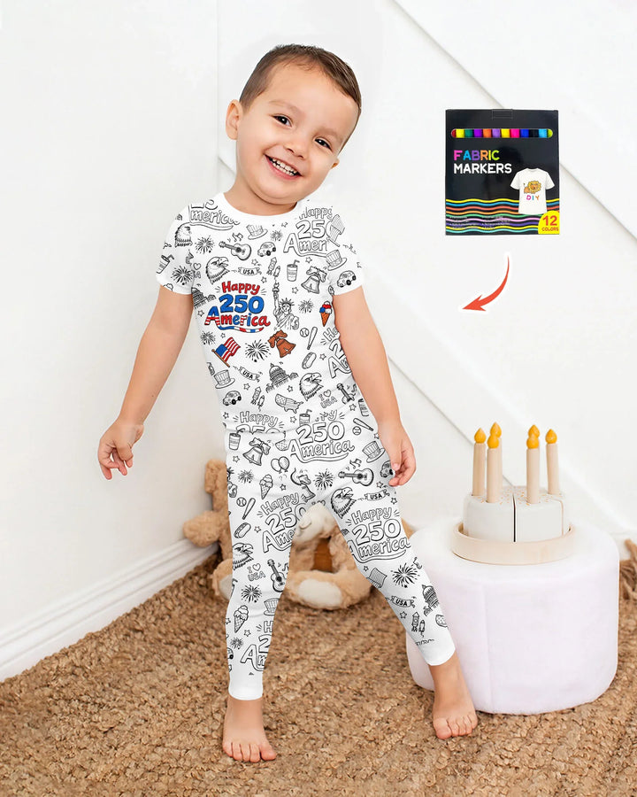 All Colorable Happy 250 America I love USA Bamboo Two Piece Short Sleeve Pajama Set