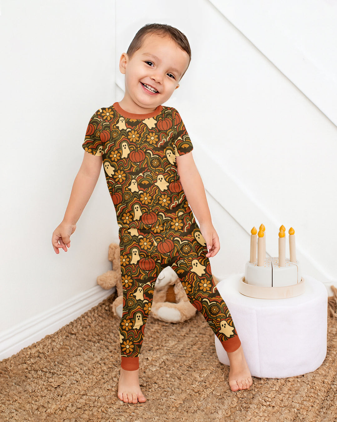 Retro Halloween Ghost Pumpkin Floral Bamboo Two Piece Short Sleeve Pajama Set